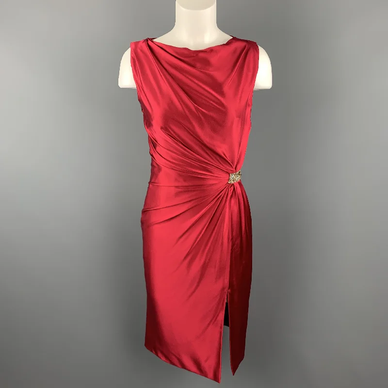 REEM ACRA Size 4 Raspberry Red Draped Silk Sleeveless Cocktail Dress