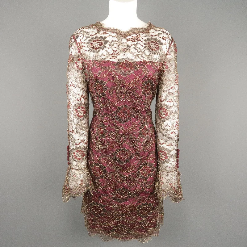 TOMASZ STARZEWSKI Size 10 Burgundy Metallic Lace Long Sleeve Cocktail Dress