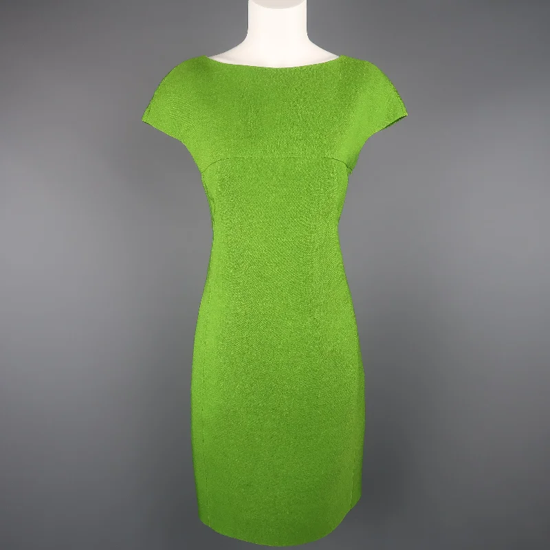 AKRIS Size 8 Green Silk Canvas High Neck Pleated Back Cocktail Dress