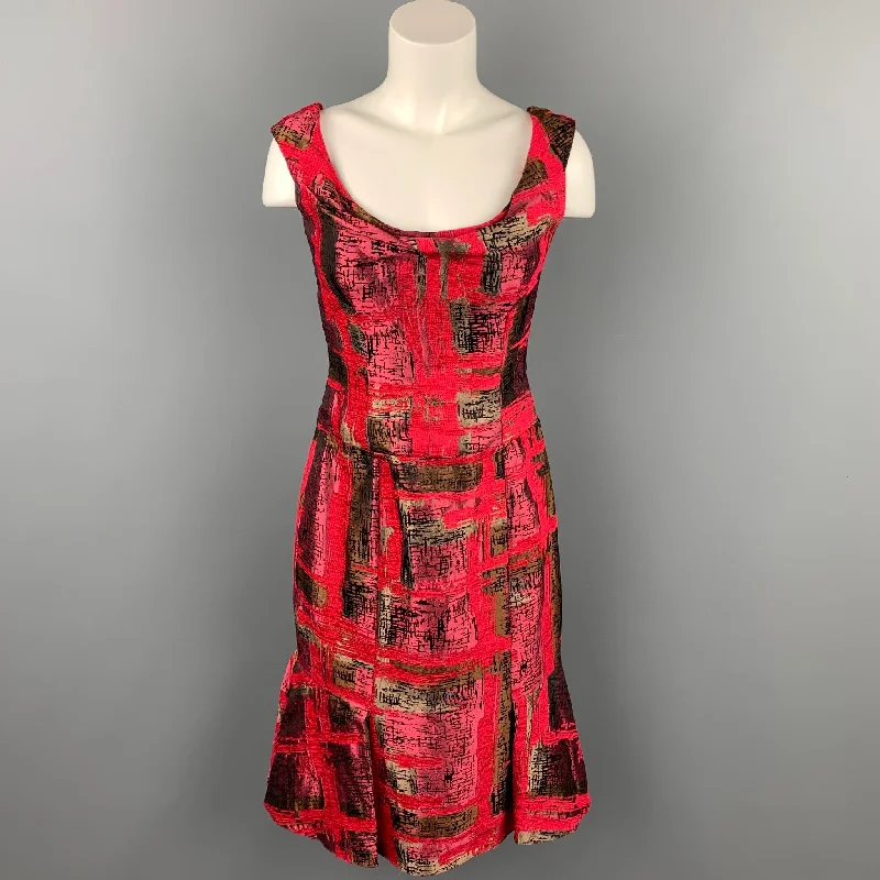 CAROLINA HERRERA Size 8 Red Jacquard Silk Tulip Cocktail Dress