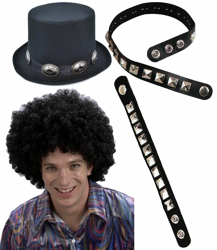Rocker Hat Black Afro Wig Studded Choker Bracelet Punk Rocker Fancy Dress
