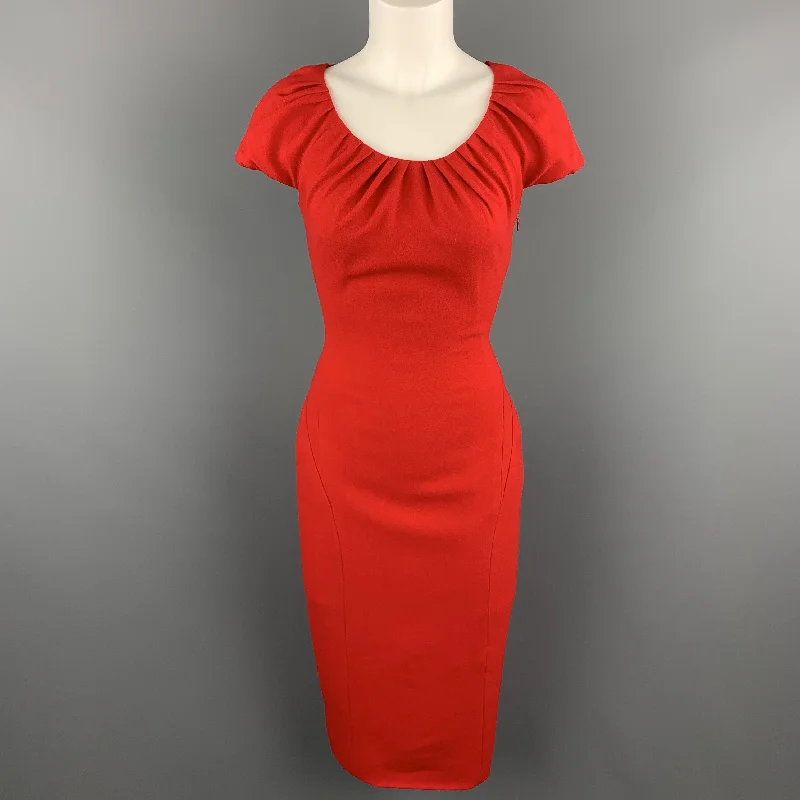 REEM ACRA Size 4 Red Silk Crepe Ruched Collar Lace Back Sheath Dress