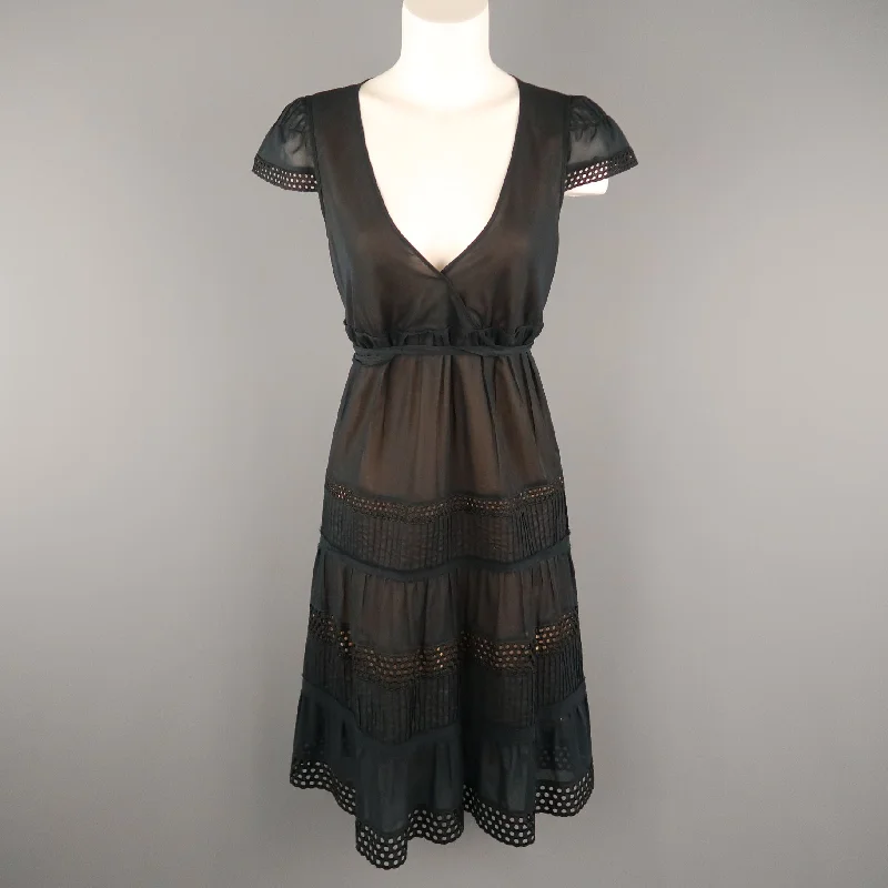 AKRIS Size 8 Black Layered Skirt Peasant  Dress