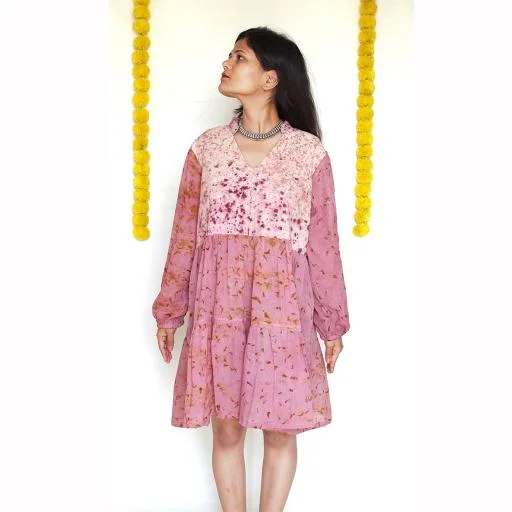 Bageeya "Hanabira” Natural Dyed Pure Mul Tiered Dress | Crafted with Lac, Marigold and detailed with lace Bageeya "Hanabira” Natural Dyed Pure Mul Tiered Dress | Crafted with Lac, Marigold and detailed with lace