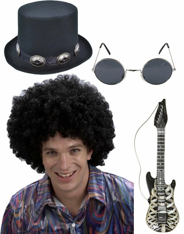 Rocker Hat Black Afro Wig Glasses Inflatable Guitar 1980’s  Rocker Fancy Dress