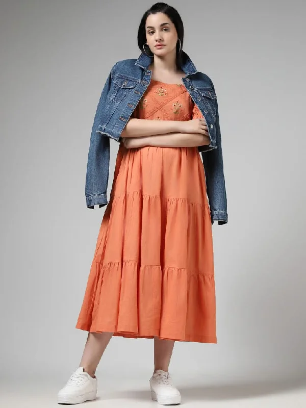 Bombay Paisley Coral Floral Embroidered Cotton Tiered Dress