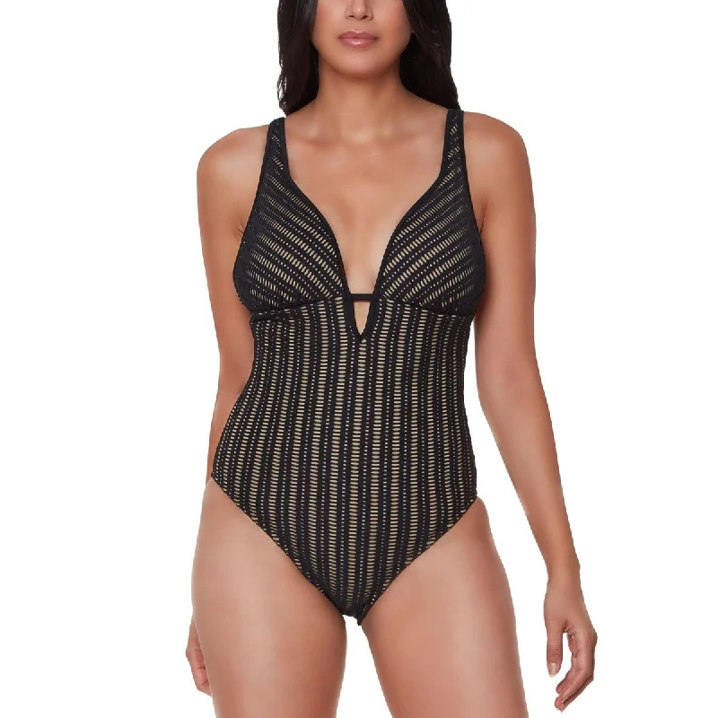 Bar III Womens Crochet Plunging One-Piece Swimsuit Sleek Mesh Bikini
