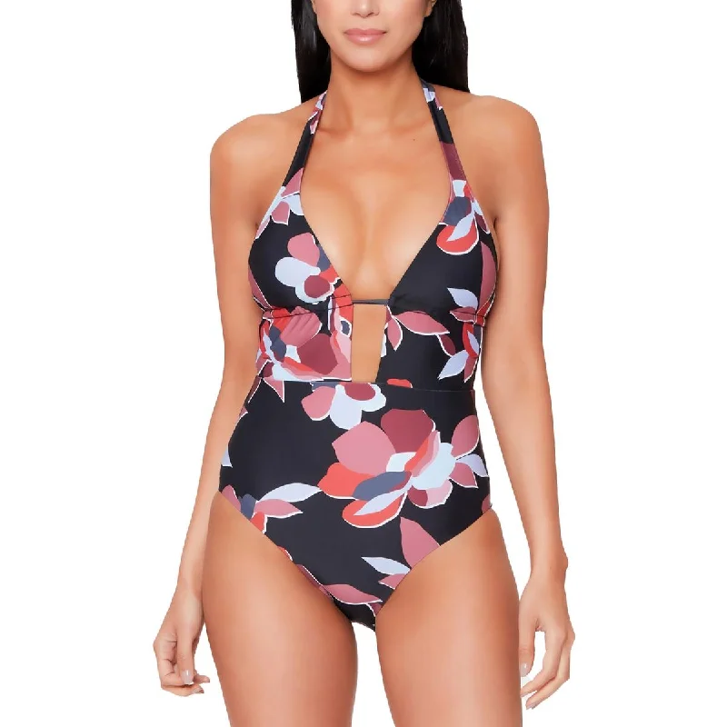 Bar III Womens Floral Print Halter One-Piece Swimsuit Soft Beachwear Set