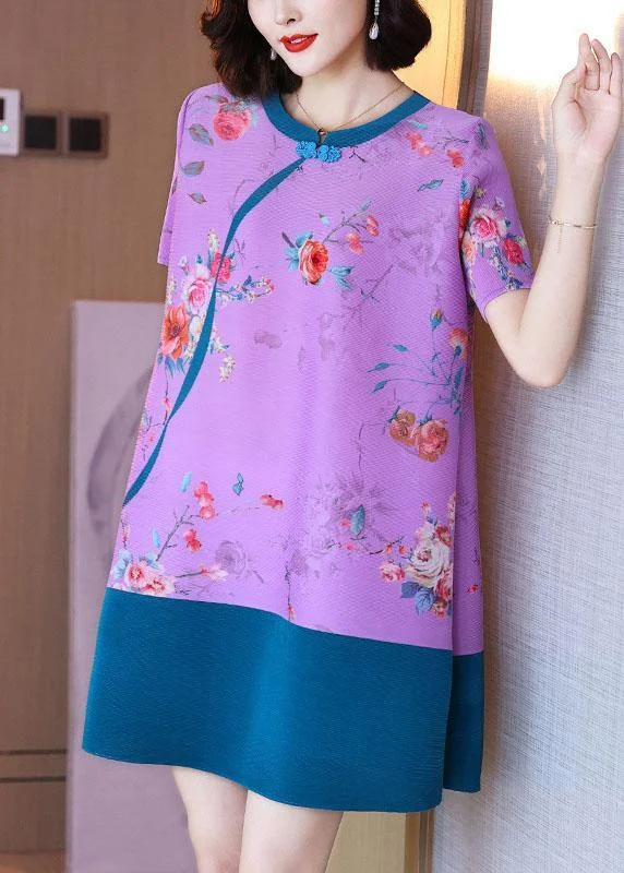 Elegant Purple Floral Oriental Mini Dress Summer Outfits