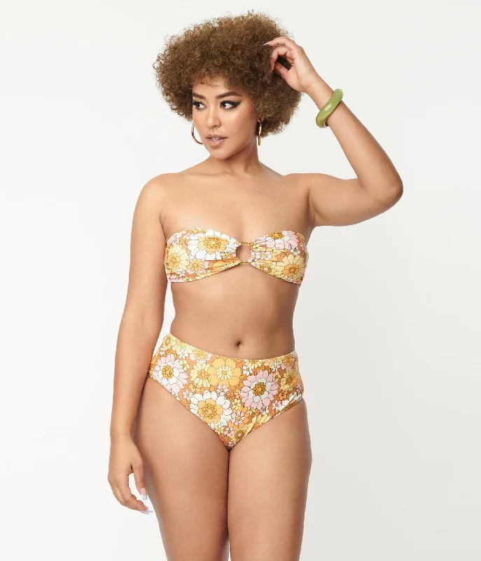 Magnolia Place 1970s Mustard Floral Print Two Piece Swimsuit Floral Print Swimsuit