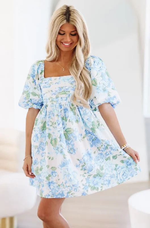 My Blue Roses Mini Dress - Ivory, Blue and Green