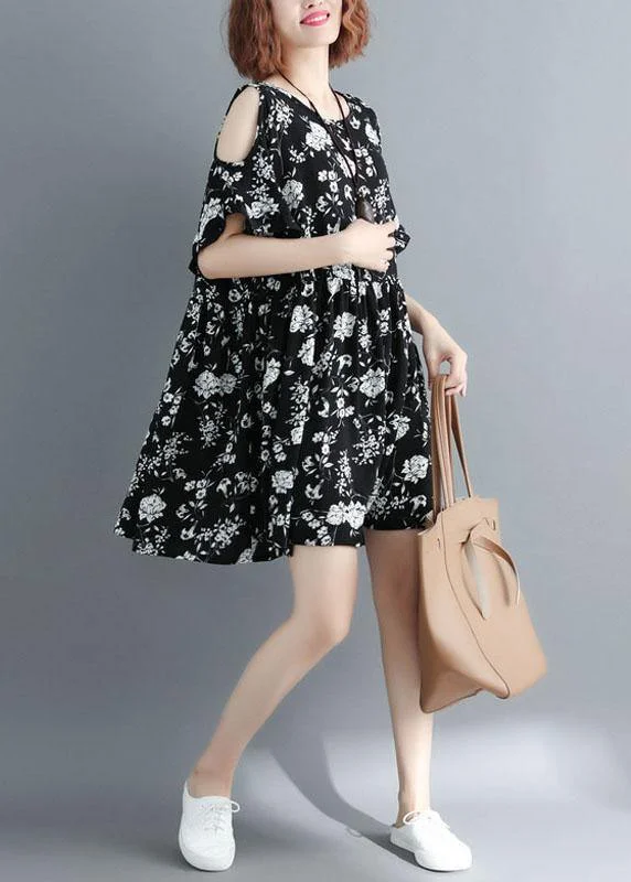 Simple Black Loose Print Summer Party Mini Dress Half Sleeve