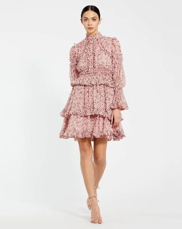 Long Sleeve Open Front High Neck Ruffle Mini Dress Stylish Sweetheart Mini Dress
