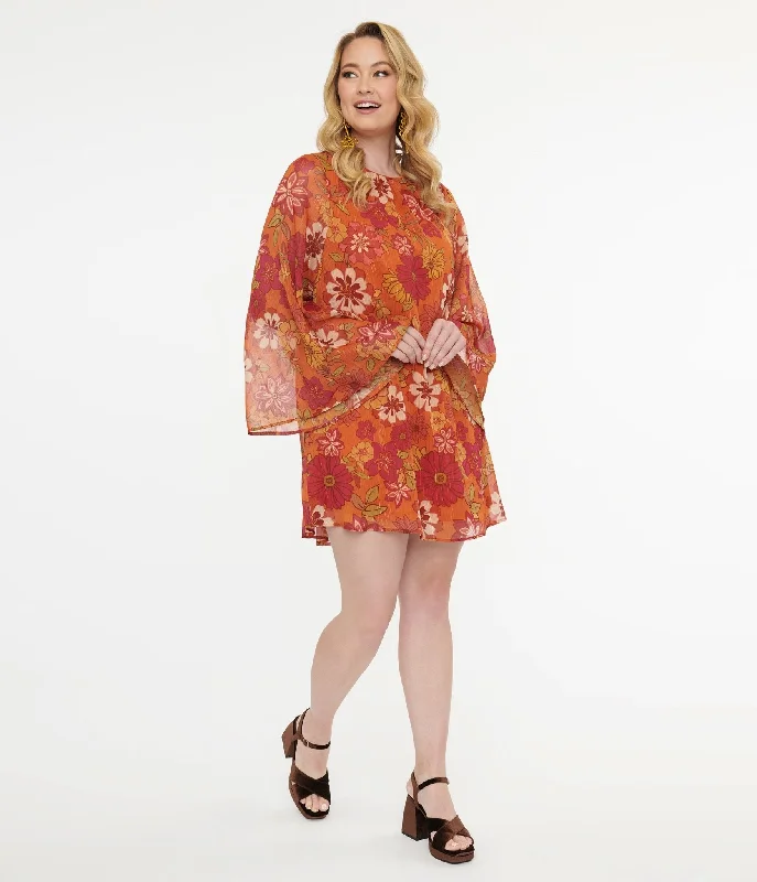 1970s Orange & Pink Floral Anything I Want Mini Dress Stylish Short Sleeve Mini Dress