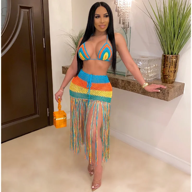 Handmade Crochet Beach Dress Cover Up Rainbow Tassel Sexy 2 Piece Crop Top and Skirt Beach Swimwear Set Lace-Detail Bikini Set Handmade Crochet Beach Dress Cover Up Rainbow Tassel Sexy 2 Piece Crop Top and Skirt Beach Swimwear Set Lace-Detail Bikini Set
