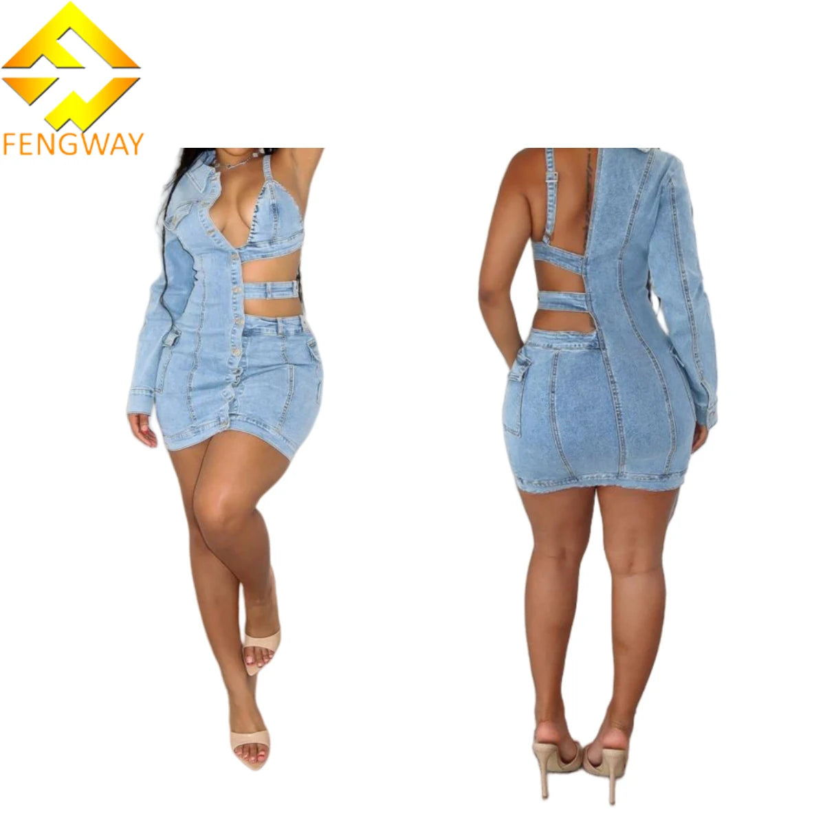 2024 New Design Irregular Single Sleeve Dress Sexy Bodycon Mini Dress Fashion Stretch Denim Dresses For Women