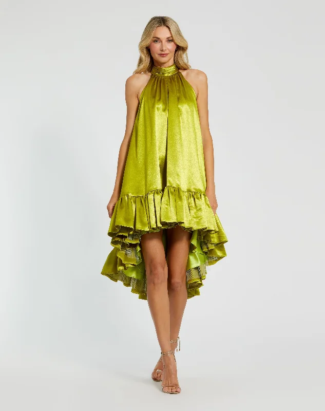 Green High Neck Satin Mini Dress With Keyhole Chic Sleeveless Mini Dress