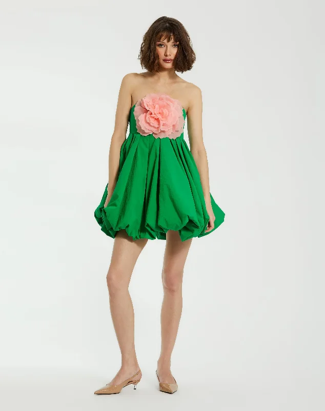 Spring Green Strapless Faille Mini Dress With 3D Flower Trendy Tie-Dye Mini Dress