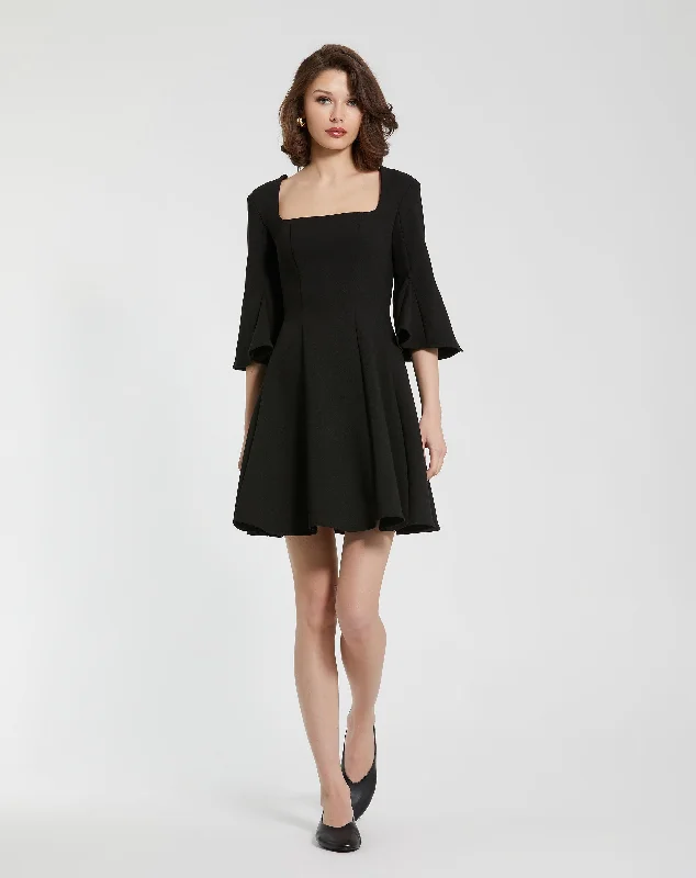 Crepe Square Neck 3/4 Sleeve Godet Mini Dress Comfortable Boho Mini Dress