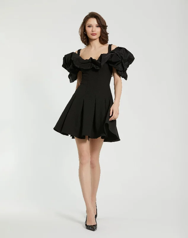 Crepe Godet Hem Mini Dress With Faille Ruffle Cozy Satin Mini Dress