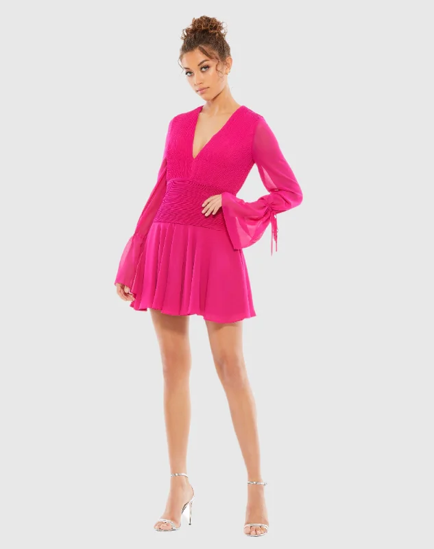Pleated Bell Sleeve Chiffon Mini Dress - FINAL SALE Stylish Sweetheart Neck Mini Dress