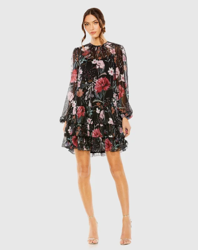 Floral Print High Neck Ruffle Hem Mini Dress Elegant Velvet Mini Dress