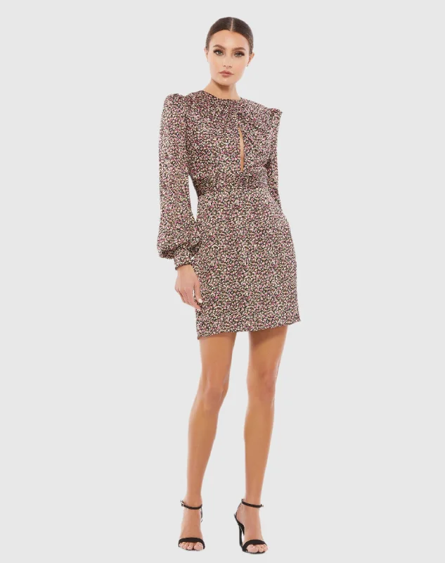 Floral Print Keyhole Long Sleeve Mini Dress Cozy Knit Mini Dress