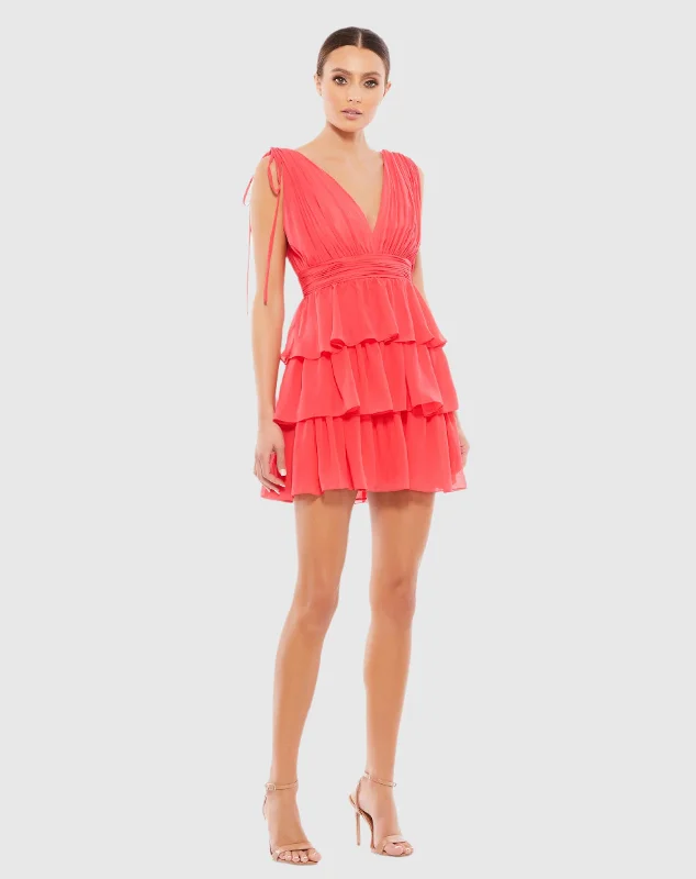 Pleated V Neck Tiered Ruffle Mini Dress Chic Halter Mini Dress