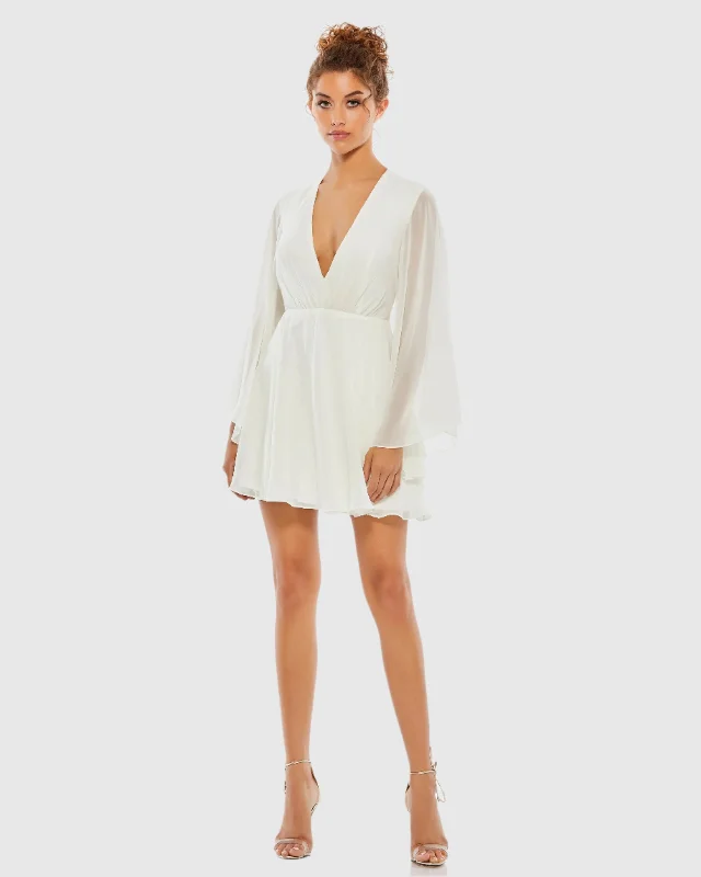 Solid Flowy V Neck Illusion Sleeve Mini Dress - FINAL SALE Fashionable Boho-Chic Mini Dress