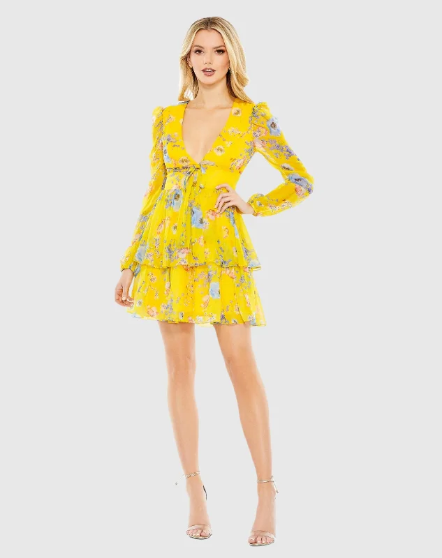Floral Print Puff Sleeve Ruffled Mini Dress Elegant Lace-Up Mini Dress
