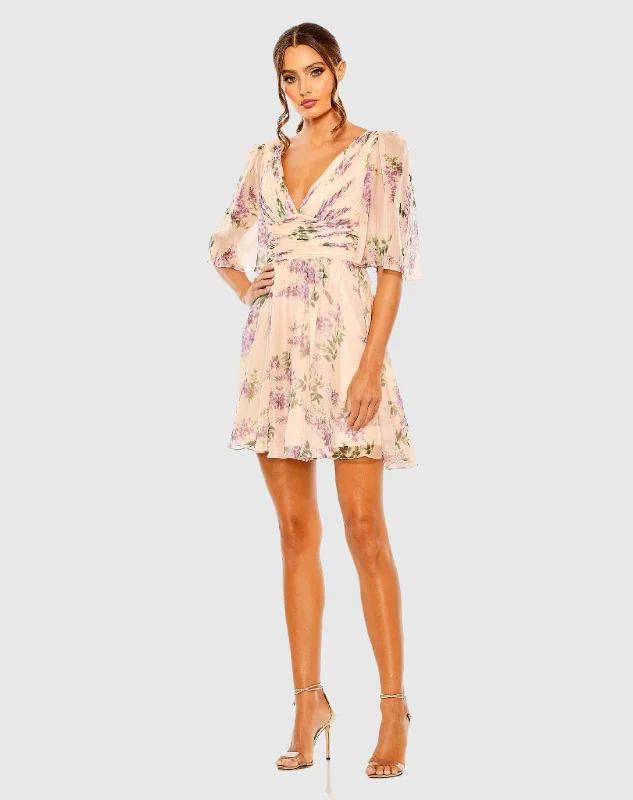 Floral Print 3/4 Sleeve A Line Mini Dress Chic Puff Sleeve Mini Dress