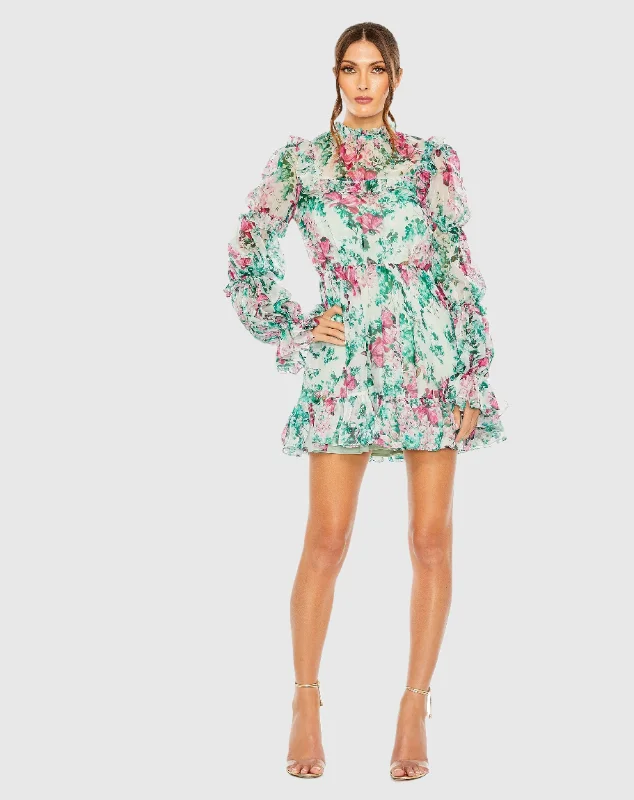 Long Sleeve High Neck  Ruffle Sleeve Sheer Top Mini Dress Comfortable Bodycon Mini Dress