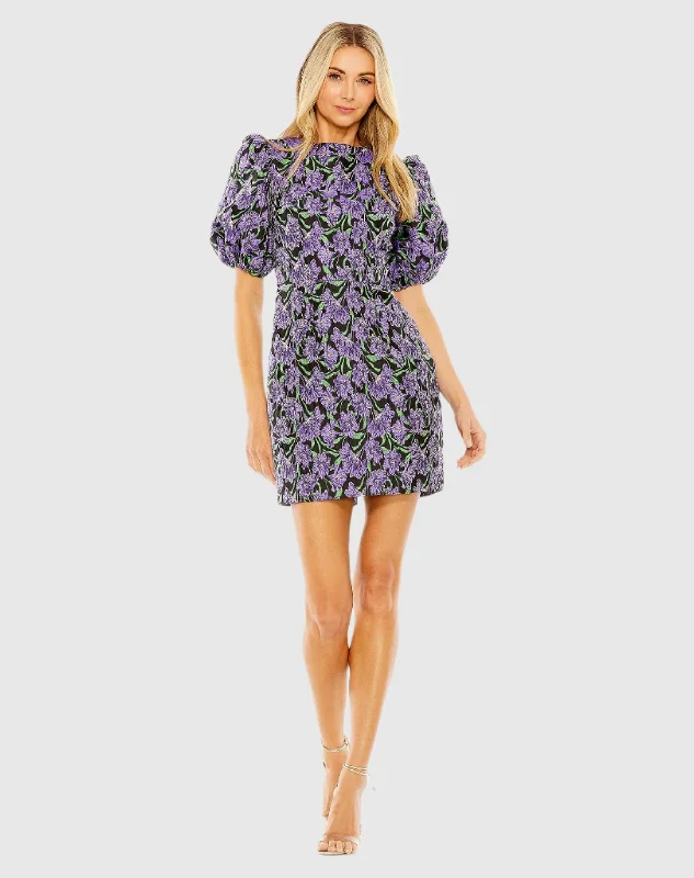 Bubble Sleeve Brocade Mini Dress Trendy Bodycon Mini Dress