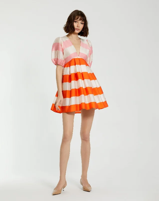 Organza Striped Balloon Sleeve Mini Dress Comfortable Wrap Mini Dress
