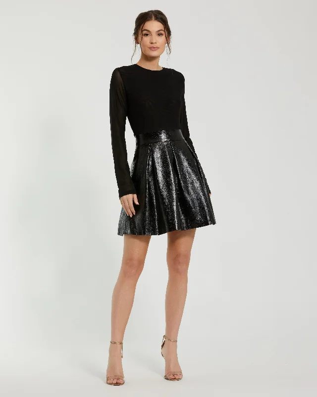 Mesh And Leather Long Sleeve A Line Mini Dress Casual High-Waist Mini Dress