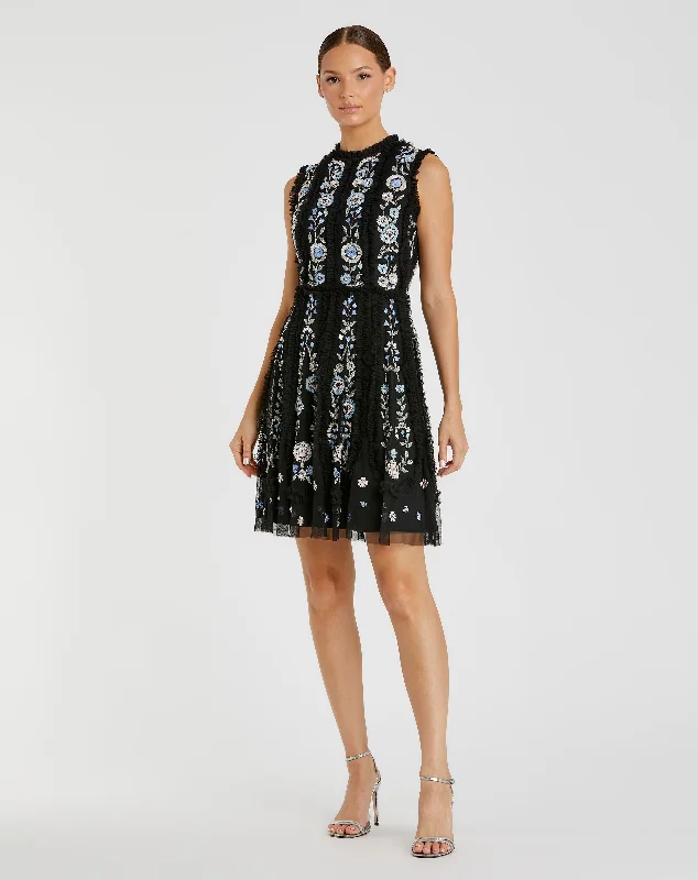 Sleeveless High Neck Embroidered Mini Dress Elegant Off-Shoulder Dress Mini