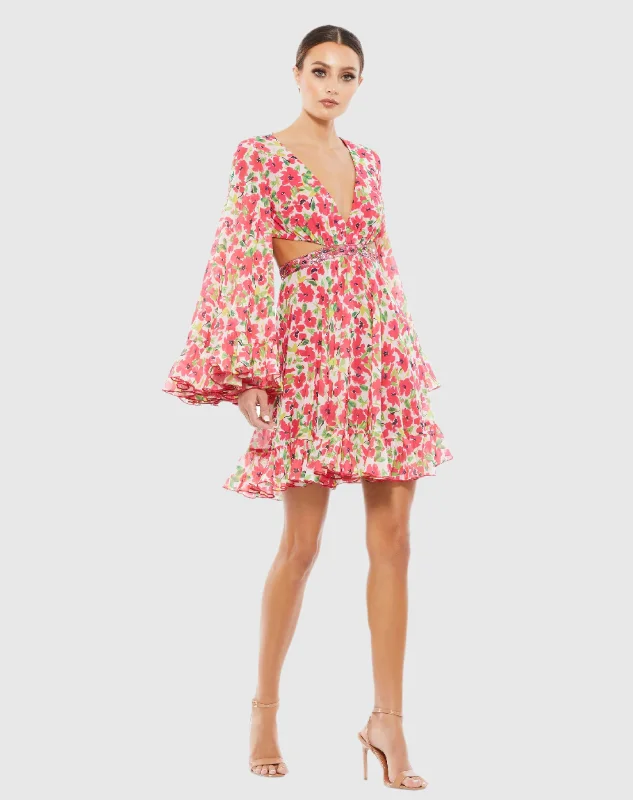 Floral Cut Out V Neck Bell Sleeve Mini Dress Trendy Denim Mini Dress