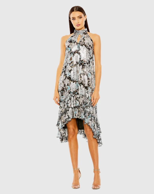 High Neck Keyhole A-Line Floral Ruffle Mini Dress Modern Satin Mini Dress