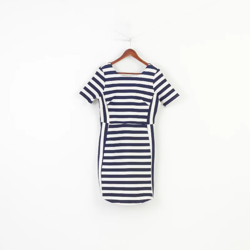 Angel Paris Women 14 L Mini Dress Marine Striped Petit Short Sleeve Crew Neck Zipper