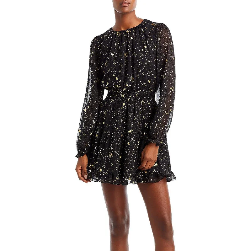 Aqua Womens Chiffon Foiled Star Mini Dress Trendy Button-Detail Mini Dress
