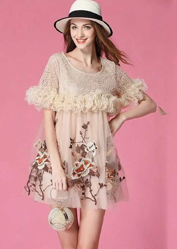 Art Beige Embroidered Ruffled Patchwork Organza Mini Dresses Short Sleeve Trendy Crossover Mini Dress