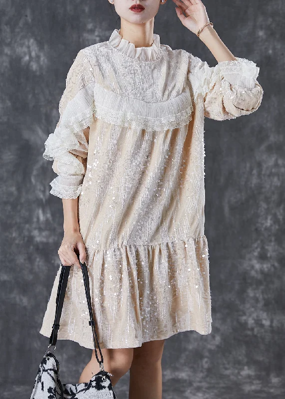 Beige Patchwork Ruffles Velour Mini Dresses Sequins Spring Elegant Satin Lace Mini Dress