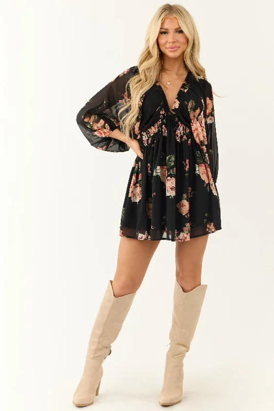 Black Floral Chiffon Dolman Sleeve Mini Dress Classic Solid Mini Dress