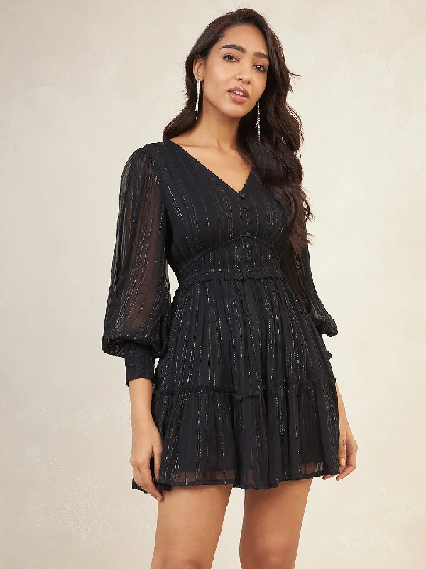 Black Lurex Tiered Mini Dress Fashionable Mini Dress with Frills