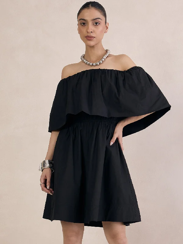 Black Poplin Off-Shoulder Mini Dress Trendy Cut-Out Mini Dress