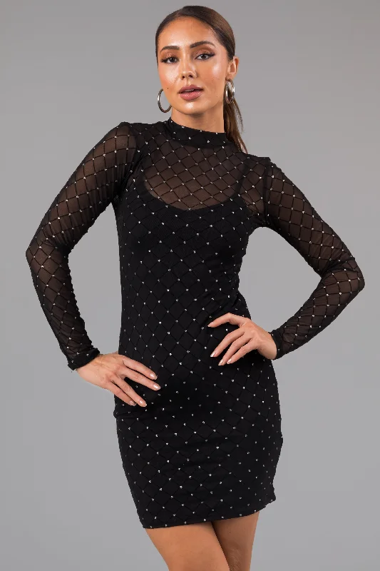 Black Rhinestone Mesh Mock Neck Mini Dress Fashionable Summer Mini Dress