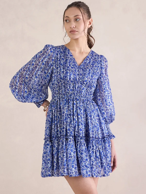 Blue Floral Lurex Tiered Mini Dress Cozy Jersey Mini Dress