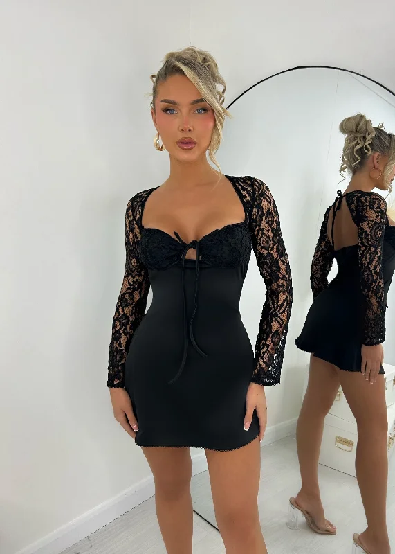 Chain of Hearts Lace Long Sleeve Mini Dress - Black Trendy Crossover Mini Dress