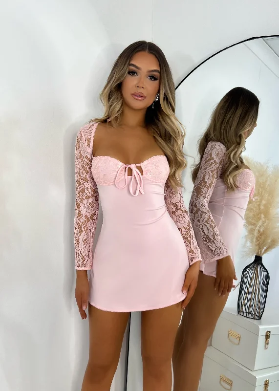 Chain of Hearts Lace Long Sleeve Mini Dress - Light Pink Stylish Sweetheart Neck Mini Dress