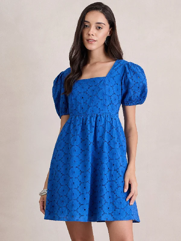 Cobalt Blue Cotton Schiffli Square Neck Mini Dress Fashionable Party Mini Dress